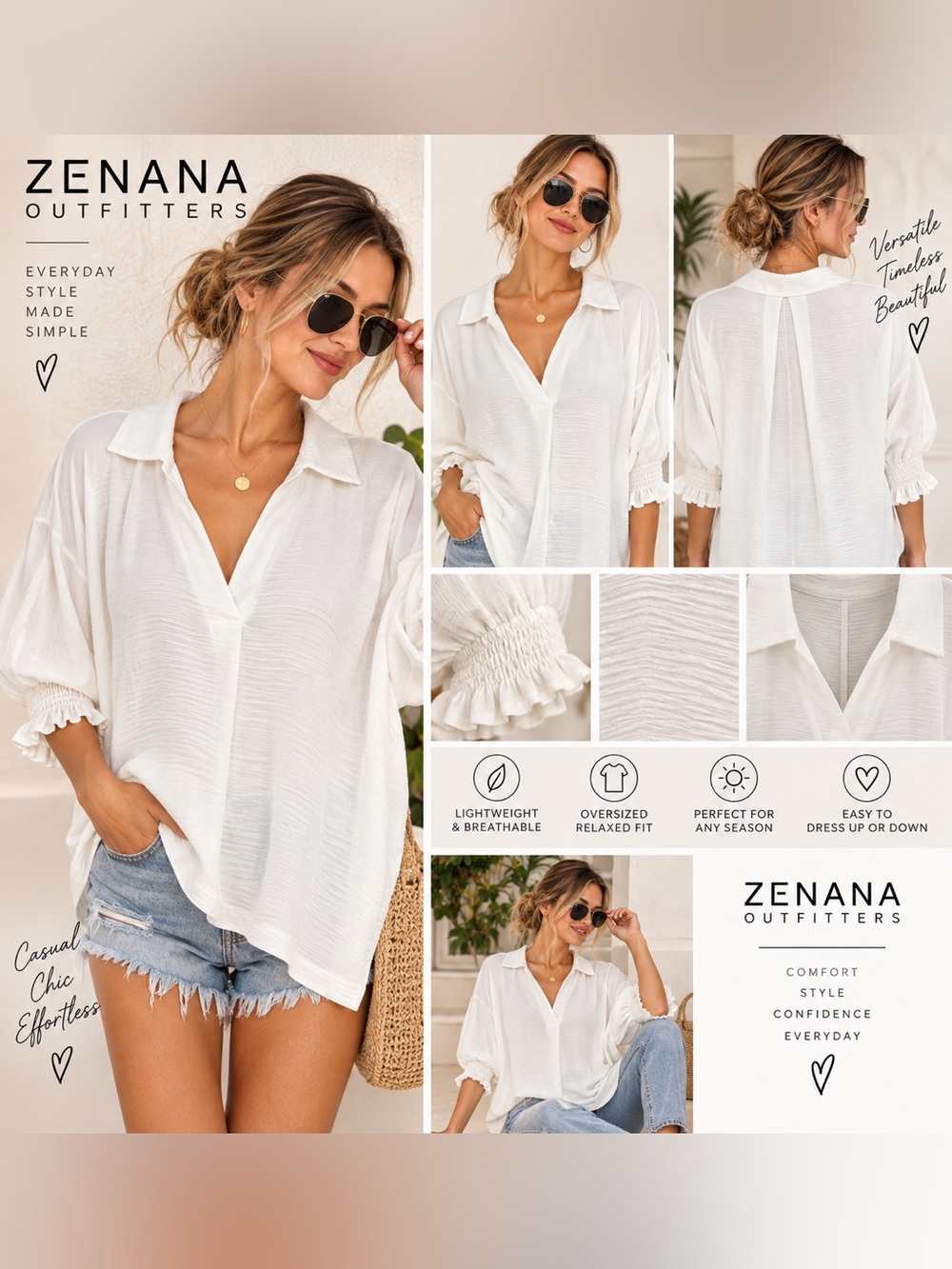 Zenana White Oversized Textured V-Neck Smocked Sleeve Blouse M